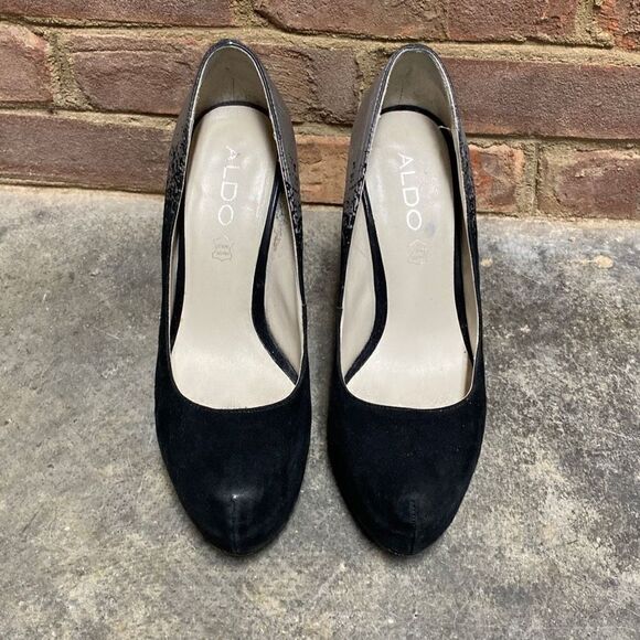 Aldo Black Leather Suede & Silver Platform Stiletto Size 8 - Picture 3 of 12